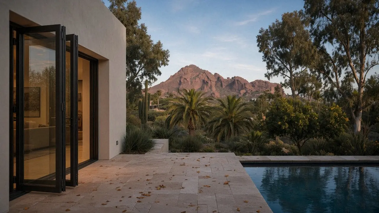 Dark bronze bi-fold glass doors folded outward onto a travertine pool terrace from a softly lit living room, with palms, eucalyptus and citrus framing Camelback Mountain's hump and head in the distance