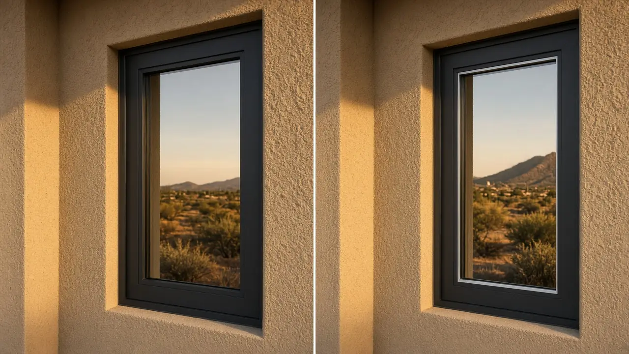 Two black fiberglass windows side by side in sand stucco at golden hour: the left glass edge has a black spacer line that blends into the frame, the right has a thin silver spacer line
