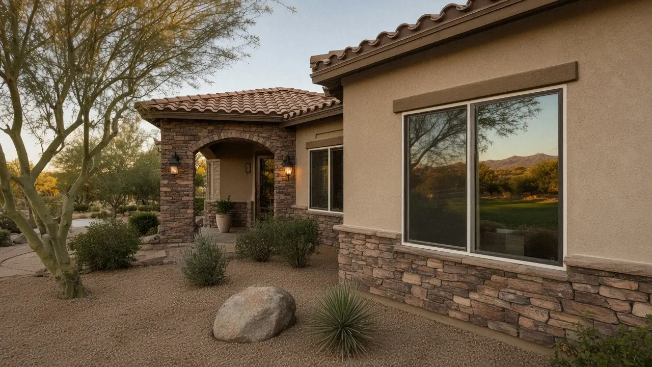 New dark bronze window matching the tan stucco, stone wainscot and tile roof of a Grayhawk style Tuscan home, with a golf fairway and the McDowell Mountains reflected in the glass