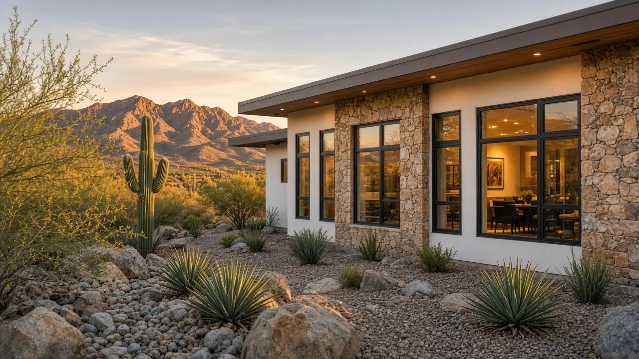 Tall black fiberglass casement and picture windows on a stone and white stucco desert contemporary home in DC Ranch at golden hour, McDowell Mountains behind