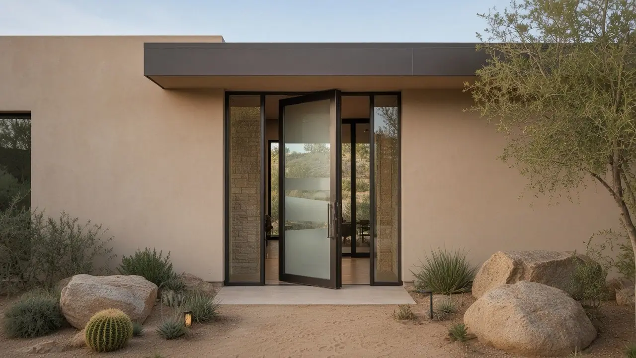 Tall glass pivot front door in a slim dark bronze frame standing open under a deep flat overhang at a Desert Mountain style desert contemporary home, granite boulders and barrel cactus in front