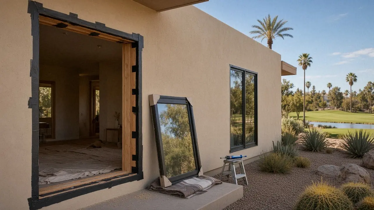 Full-frame window replacement in progress on a Gainey Ranch style stucco home: an opening wrapped in new flashing, the new bronze window leaning on a blanket and a finished window beside it, palms and a golf course lake beyond