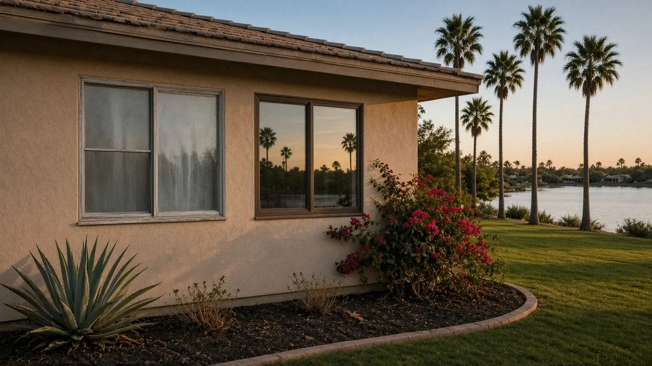A sun-faded original window with fogged glass next to a crisp new bronze-framed window on a McCormick Ranch style stucco home beside a palm-lined lake