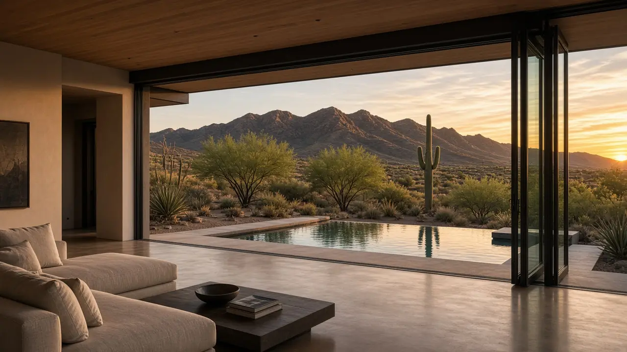 Contemporary desert great room with a fully open multi-slide glass wall looking out to a pool and mountains at sunset