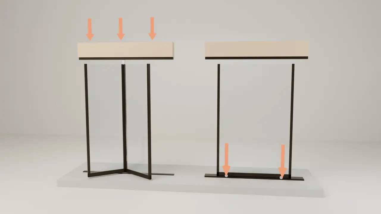 3D diagram of two glass door systems under wood headers: on the left two bifold panels hang from a track under the header with orange arrows pressing down on the header, on the right a sliding panel rests on rollers in a floor track with orange arrows pointing down into the slab
