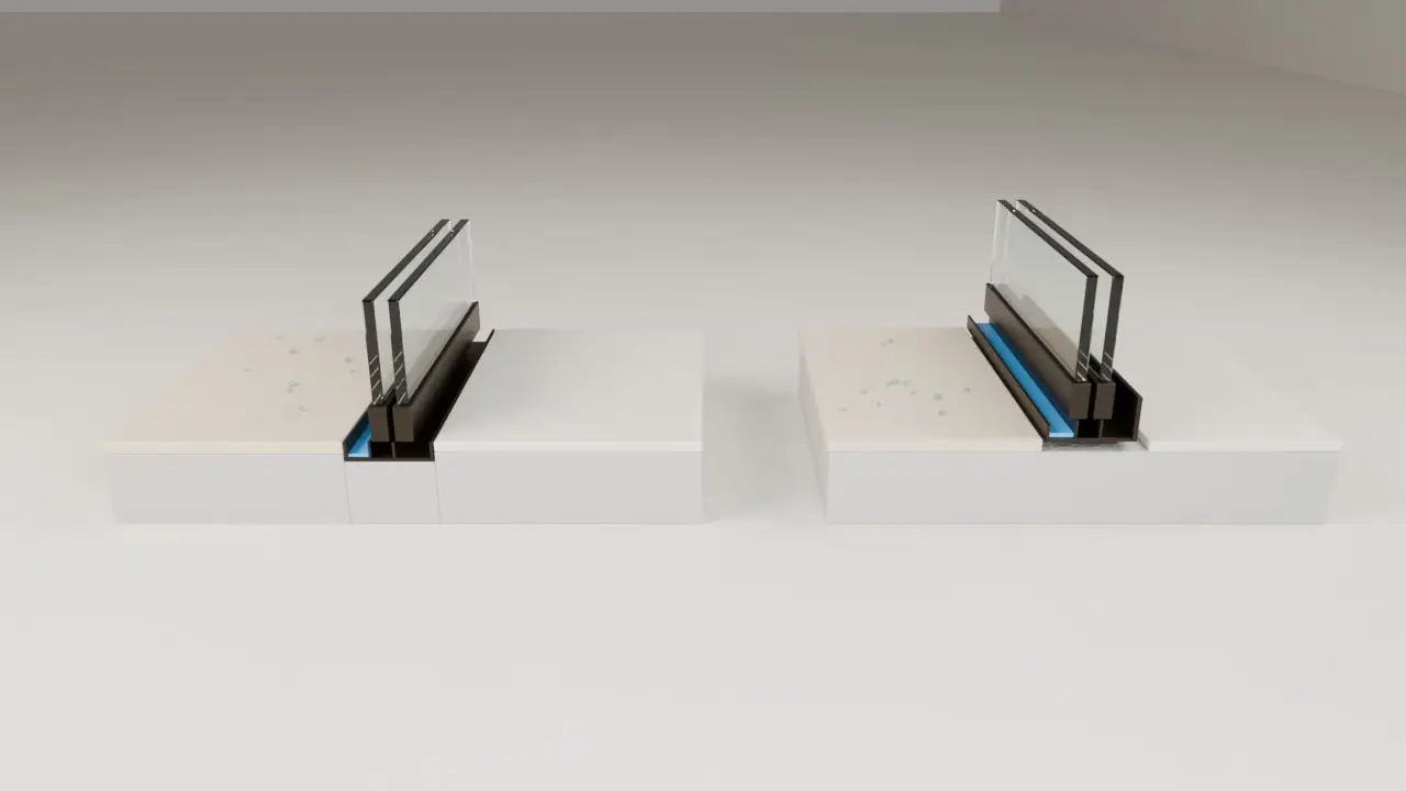3D cutaway of two door sills in a concrete slab: on the left a flush sill set into a notch cut in the slab so its track is level with the floor tile, on the right a raised sill sitting on top of the slab with a taller inside leg, blue water standing in the outer track of each and raindrops on the patio side