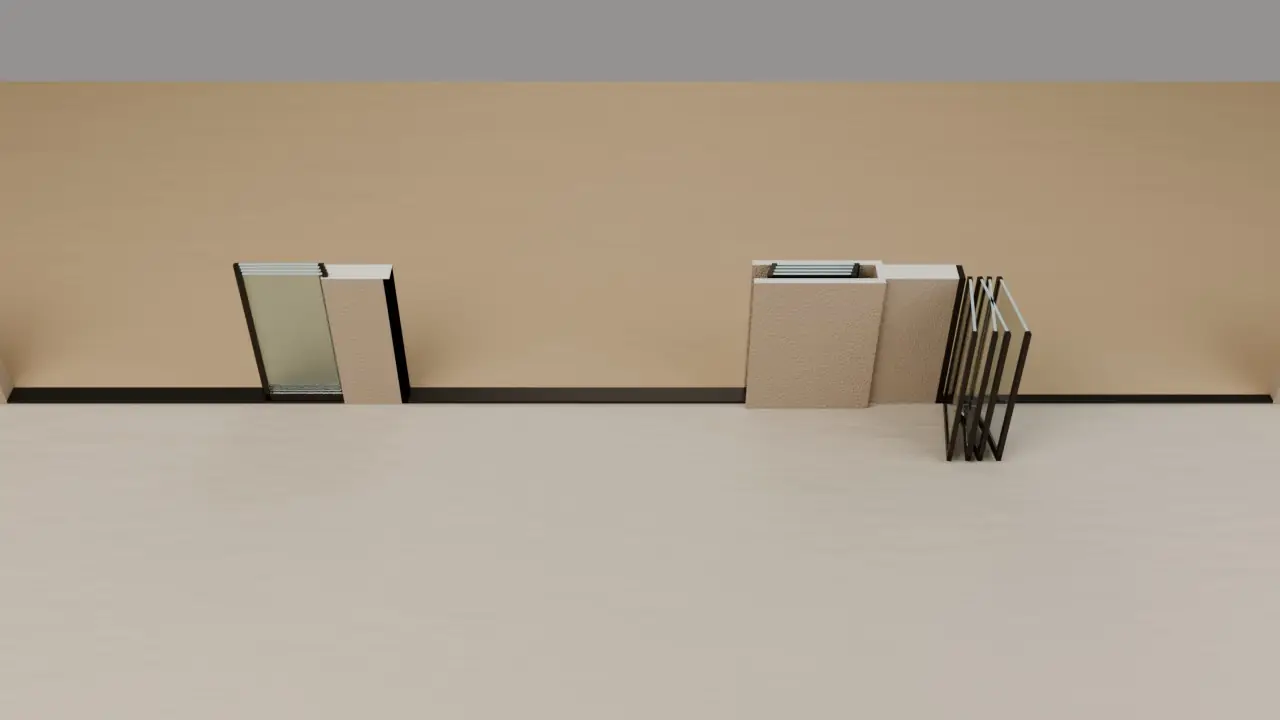 3D diagram looking down at one stucco wall with three wide openings, cut at waist height: on the left a stacking multi-slide door with its glass panels stacked at one end so one panel width stays in the opening, in the middle a pocket multi-slide with the panels hidden inside a thickened wall, and on the right an outswing bifold with its panels folded into a stack that stands out on the patio