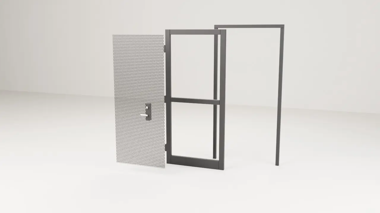 3D exploded view of a black security screen door: a perforated steel screen panel with the lock in front, the steel door frame with hinges in the middle, and the three-sided mounting frame behind