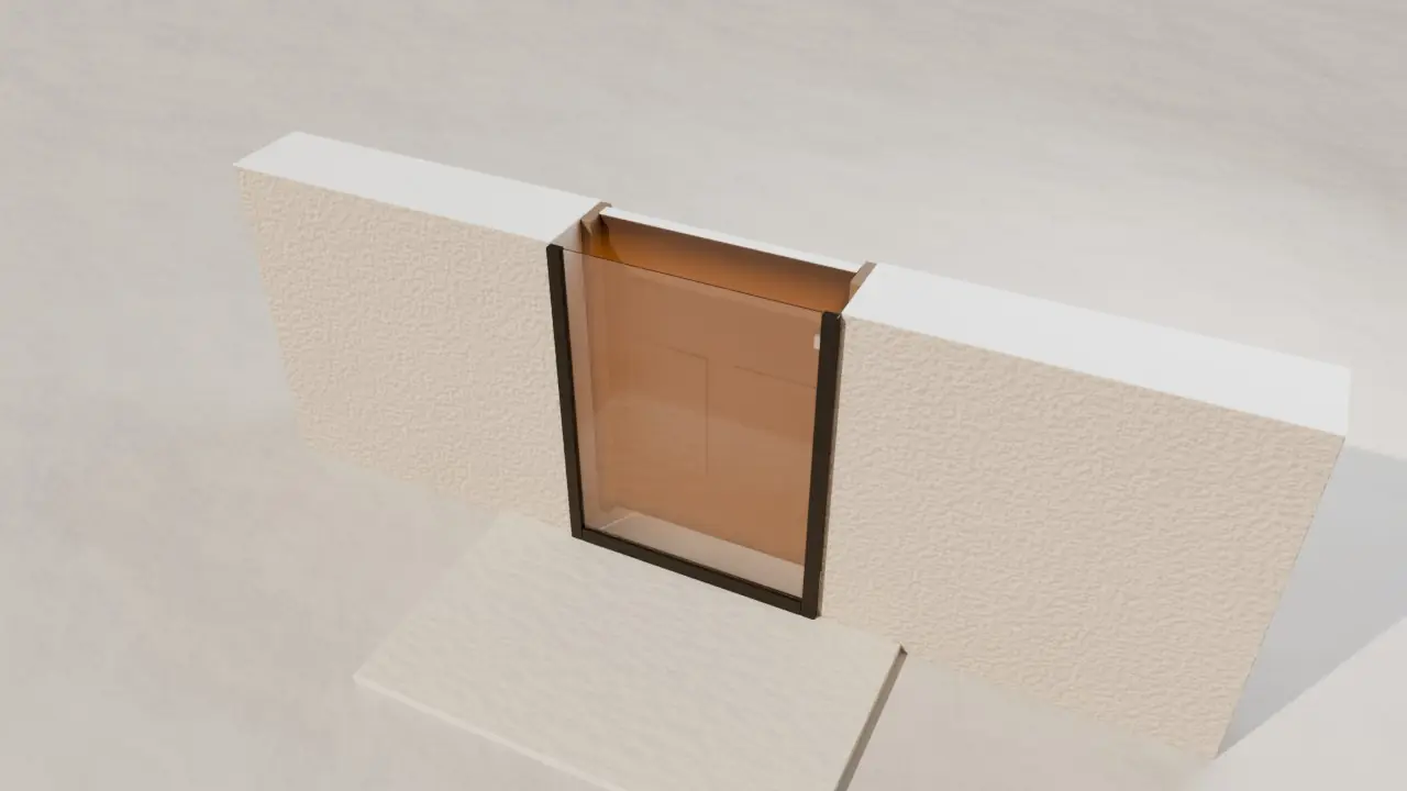 3D cutaway of a stucco wall at a front entry, sliced at waist height: a glass storm door on the outside face, a dark entry door set back in the opening, and the closed-off air between them shaded orange to show trapped heat
