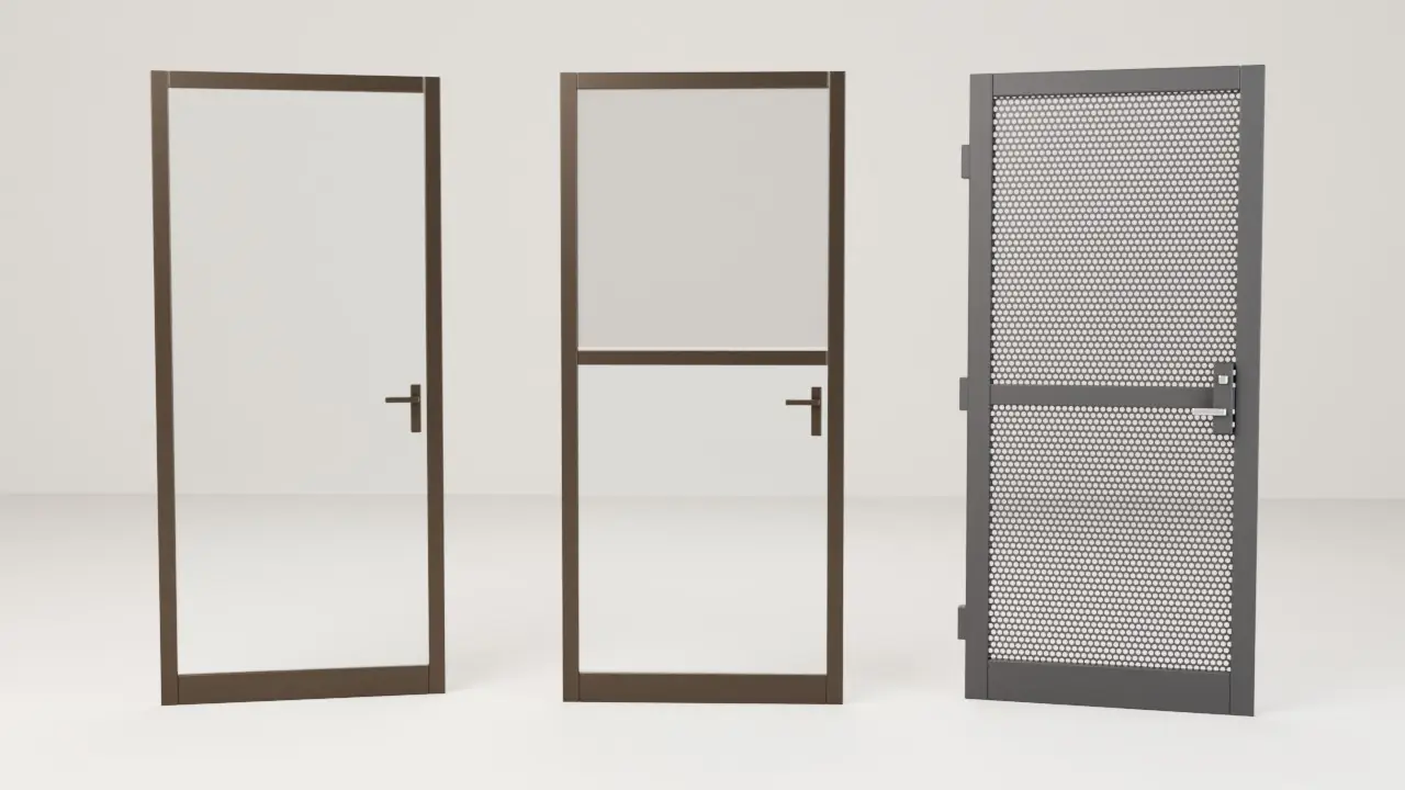 3D render of three outer doors side by side: a full-view glass storm door in a dark bronze frame, a ventilating storm door with a screen above and glass below, and a black security screen door with a perforated steel panel, three hinges and a deadbolt