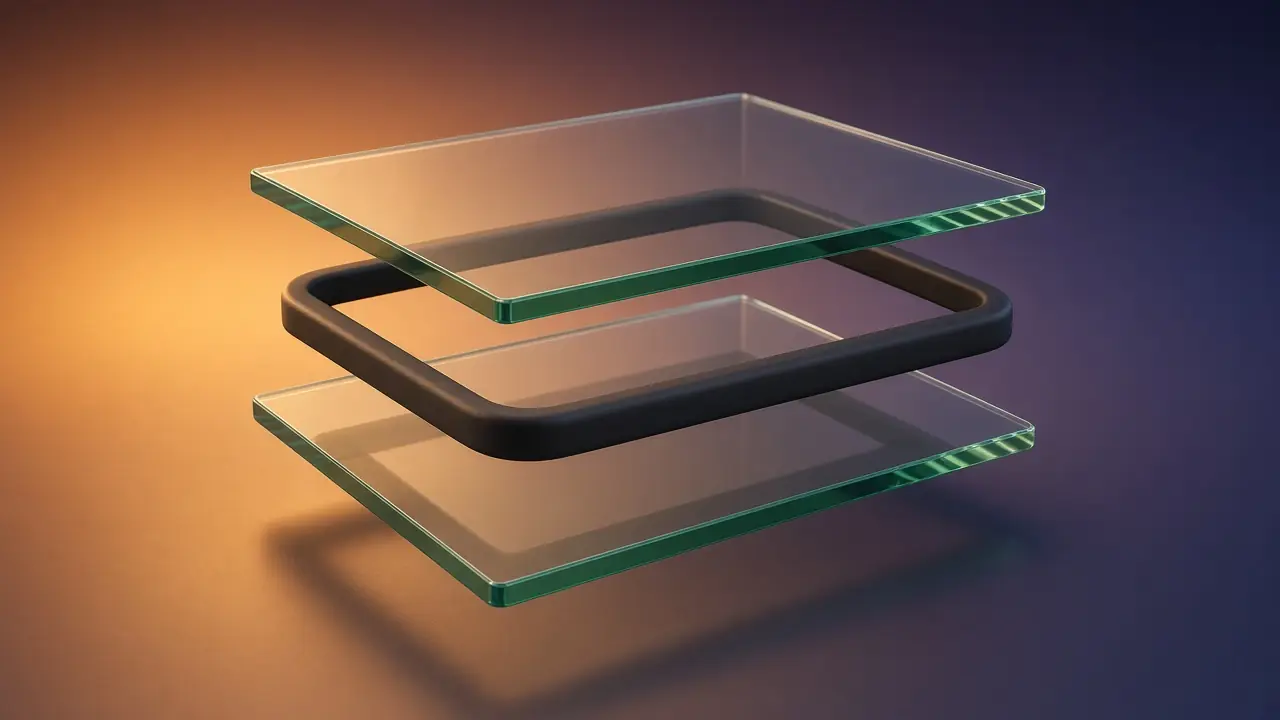 3D render, exploded view: two clear glass panes floating apart with one continuous black flexible TPS spacer bead between them