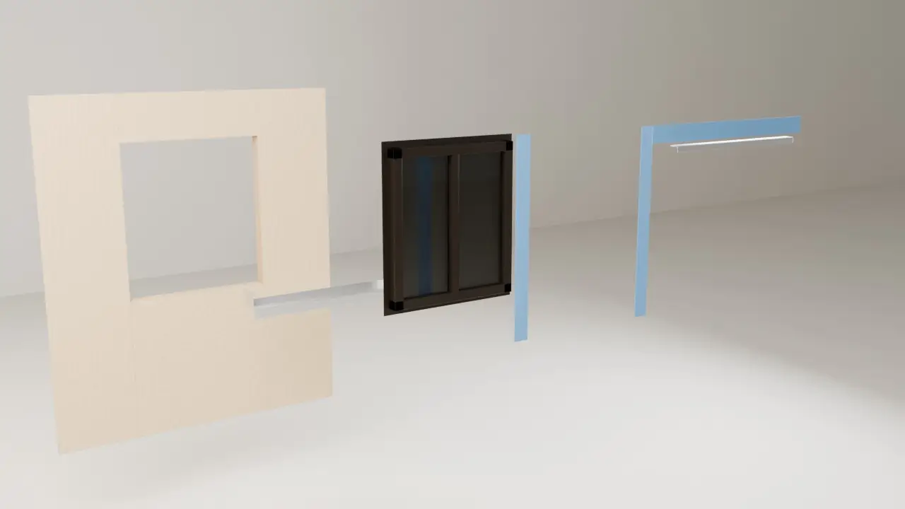 Exploded 3D view of the layers around a window opening, spread out left to right: framed wall sheathing with a rough opening, a metal sill pan, a dark bronze window with a nailing flange, blue side flashing strips, and blue head flashing with a metal drip cap