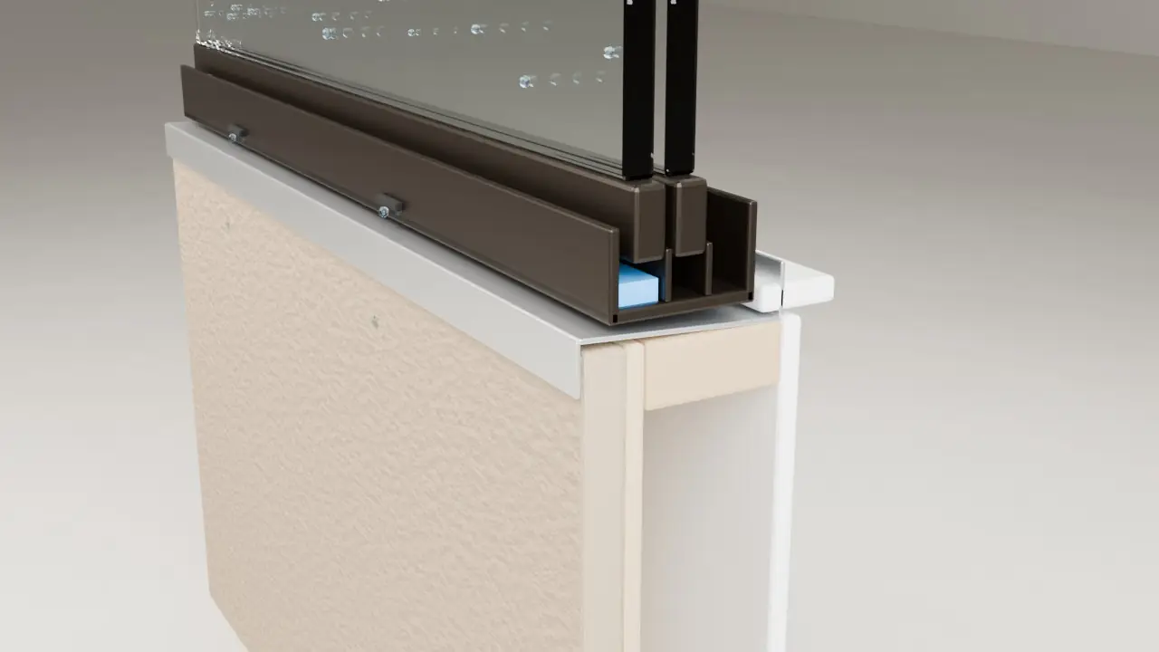 3D cutaway through the bottom of a dark bronze sliding window set in a tan stucco wall: rain droplets on the glass, blue water sitting in the outer track, weep slots on the outside face of the frame, and a metal sill pan under the frame sloping to the outside with a raised back edge
