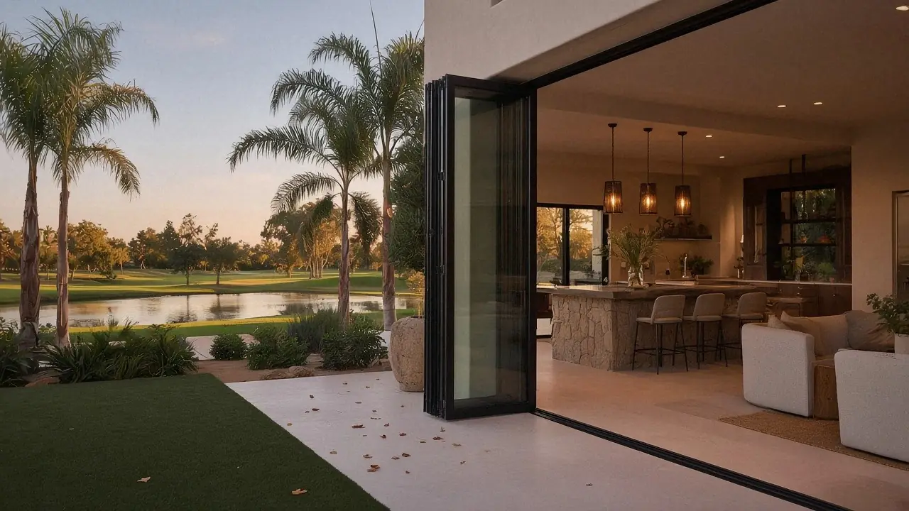 Dark bronze bifold glass doors folded open from a kitchen with stone island and pendant lights to a patio, palms and a golf course lake at a Gainey Ranch style home in late light