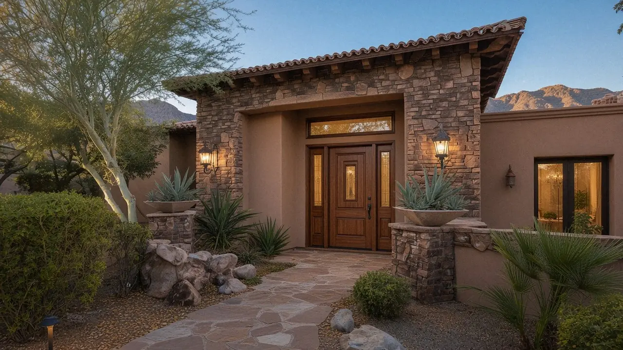 New stained wood-grain fiberglass front door with rectangular sidelites and transom in a stone and tan stucco entry of a McDowell Mountain Ranch Tuscan home, lanterns, potted agave and the McDowell Mountains beyond