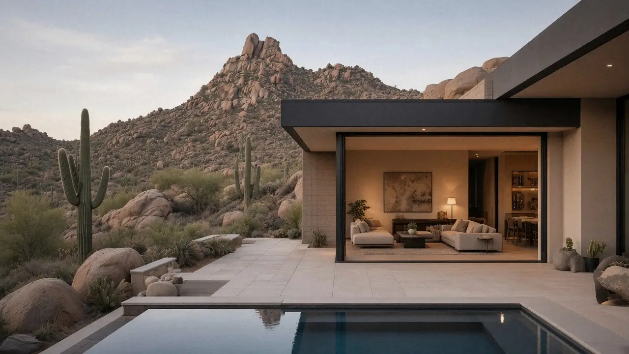 Wide pocketing multi-slide door fully open at a Troon North desert contemporary home, its glass panels hidden in the wall so the lamp-lit great room opens straight onto a stone terrace and pool among granite boulders and saguaros below a boulder-topped peak