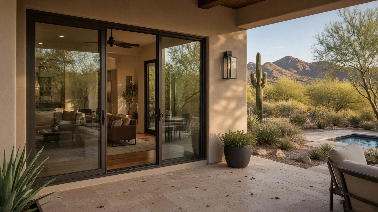 Wide dark bronze sliding patio door partly open from a softly lit living room to a travertine patio, pool, saguaro and the McDowell Mountains at a north Scottsdale desert home