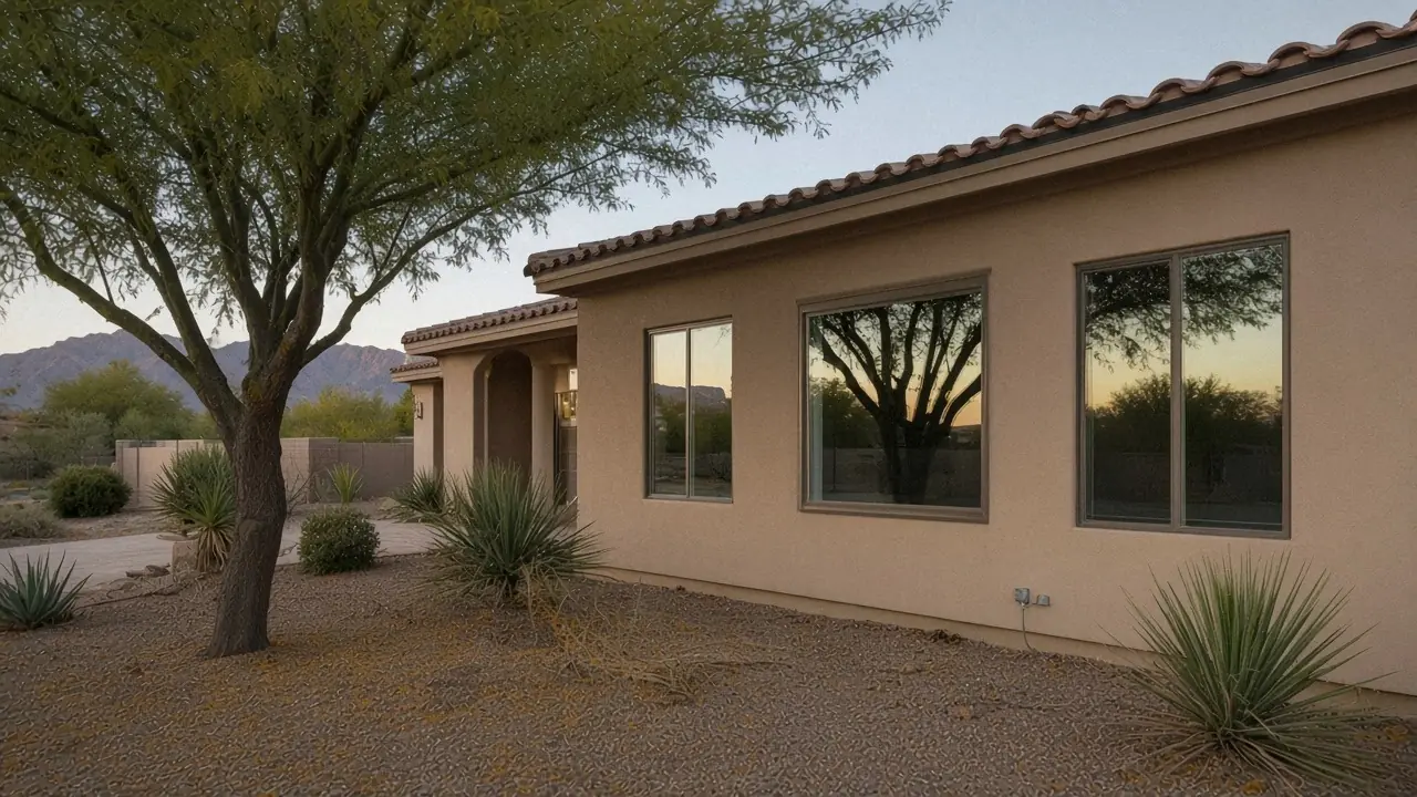 Newly replaced dark bronze dual-pane windows in the sand stucco wall of a single-story McCormick Ranch style tile-roof home, a mesquite and the McDowell Mountains reflected in the glass at late afternoon